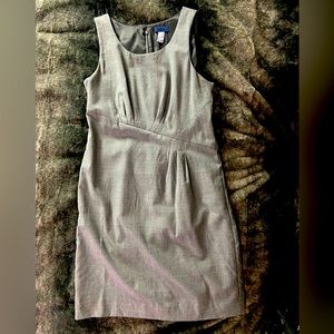 JCrew dress, grey suit fabric, asymmetrical waist seam